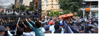 शिक्षकले गरेकाे आन्दोलनमा शिक्षक र प्रहरीबिच धकेलाधकेल अवस्था