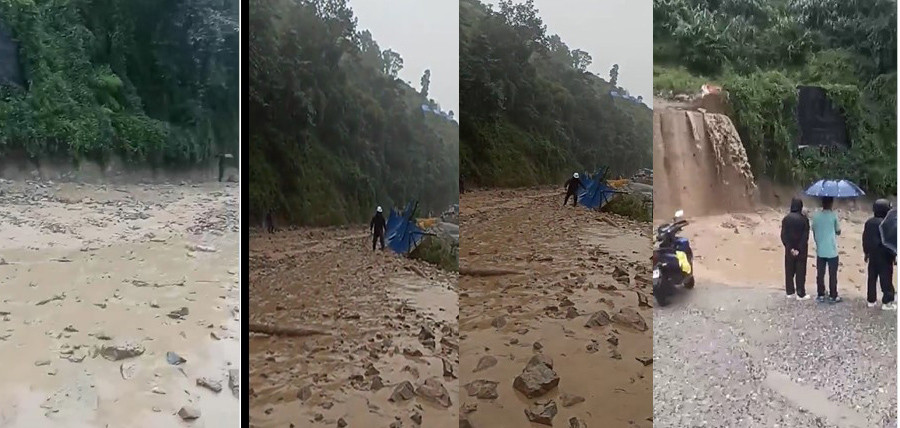 नौबिसे-नागढुङ्गा सडकखण्डमा लेदोसहितको पहिरोले सडक पूर्ण रुपमा अवरुद्ध 